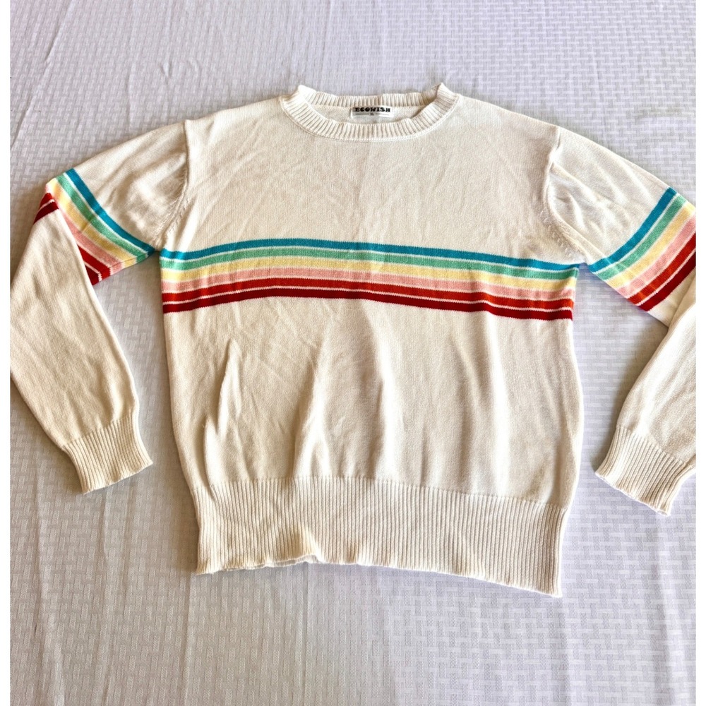 Ecowish Womens XL White Rainbow Stripe Knit Sweater Retro 70s Crew Neck Pullover